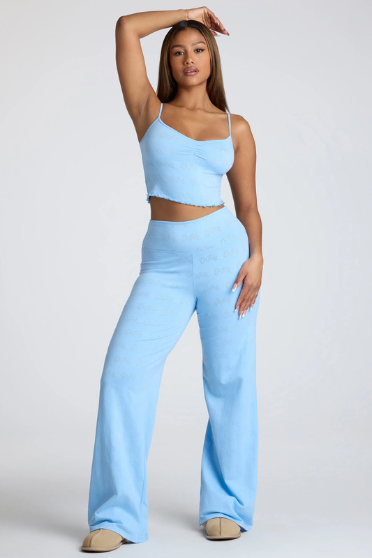 Petite Mid Rise Straight Leg Pointelle Trousers in Baby Blue - Size:L